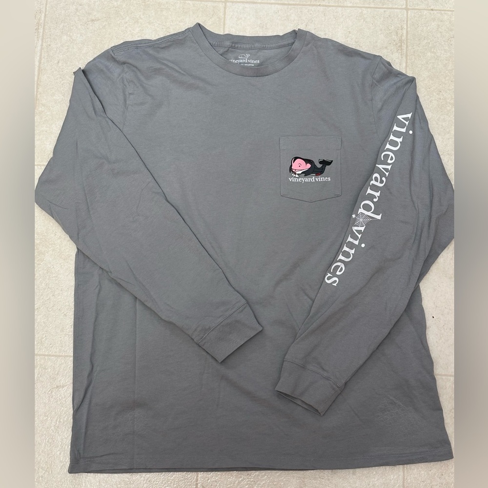 Vineyard Vines Men's Long Sleeve Shirt in Charcoal Happy Halloween.